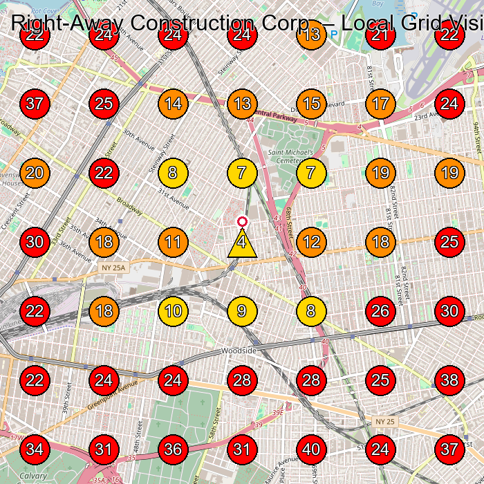 Right-Away Construction Corp. GeoGrid visibility map for General Contractor in Woodside
